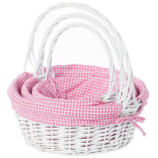 Vintiquewise White Round Willow Gift Basket, with Pink and White Gingham Liner and Handles, Set of 3 QI004550PK.3 - main
